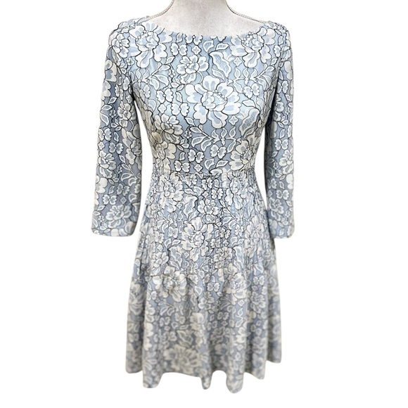 Eliza J Light Blue Floral 3/4 Sleeve fit & flare micro pleated waist Dress sz 4 - Picture 3 of 14